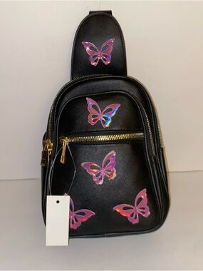 Black Mini Crossbody Bag with Holographic Butterfly Accents